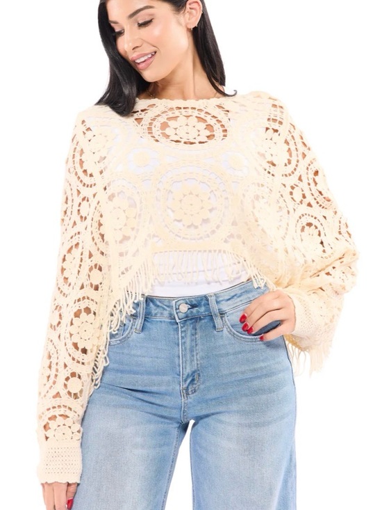 BiBi Sweaters - Bibi Crochet Fringe Cream Sweater Top - Women size large